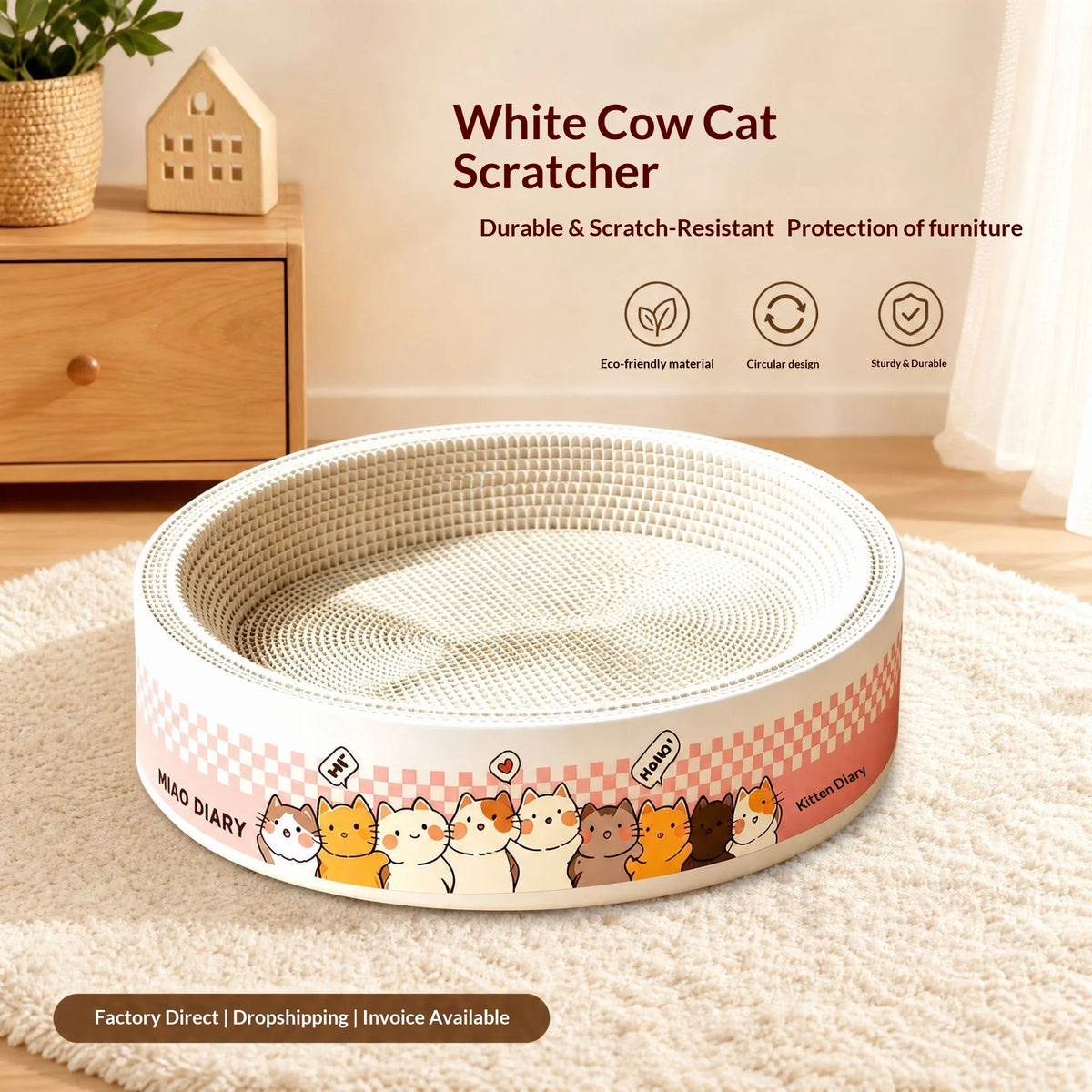 White Cow Corrugated Cardboard Cat Scratcher Bed No Dusting All-Season Use Cute Style