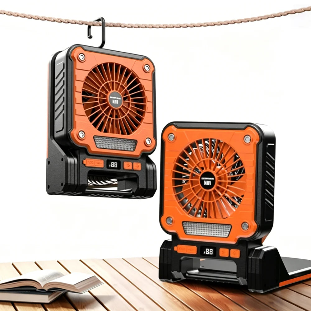 LED Camping Light Fan, Solar USB Portable Strong Wind, Digital Power Display Foldable
