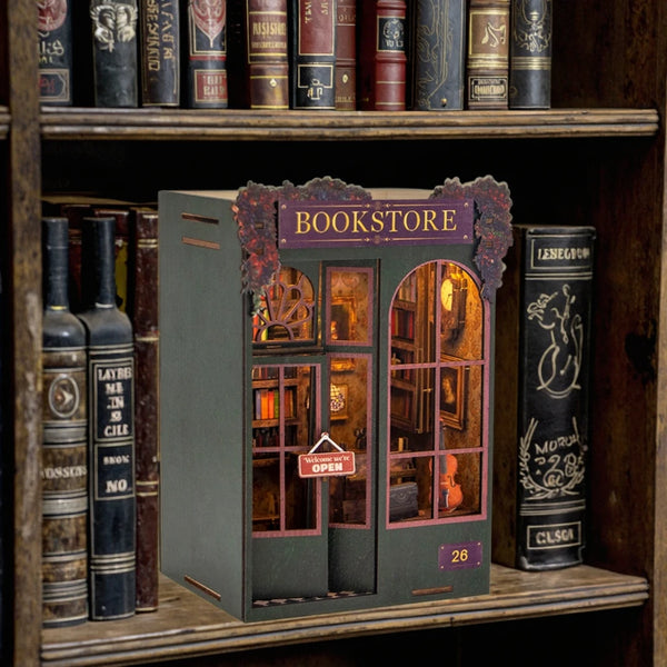 Library Book Nook Kit DIY 3D Wooden Puzzle Bookend with LED Light Miniature Doll House
