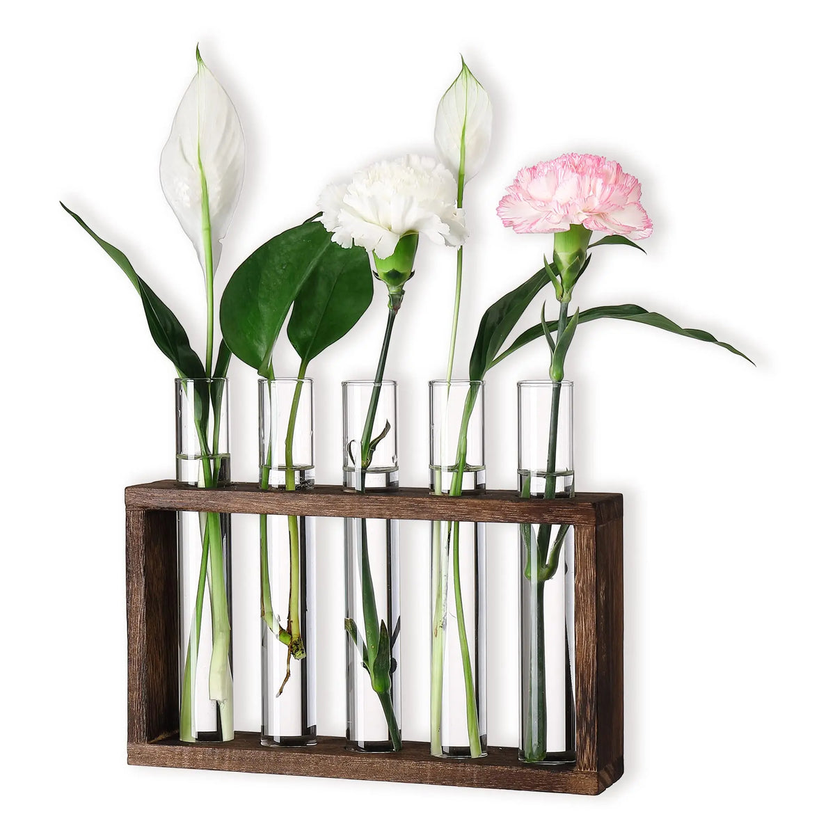 Desktop Glass Plant Propagation Station with 5 Test Tubes in Wooden Indoor Stand Wall