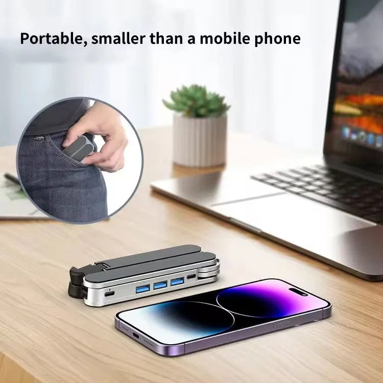 Aluminum Alloy USB C Hub 2-in-1 Foldable Laptop Stand Adjustable Holder Multi Port