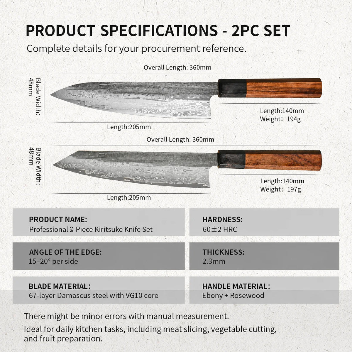 Professional Japanese Style Damascus Steel Kiritsuke Chef Knife Set 2-Piece Kitchen Tools