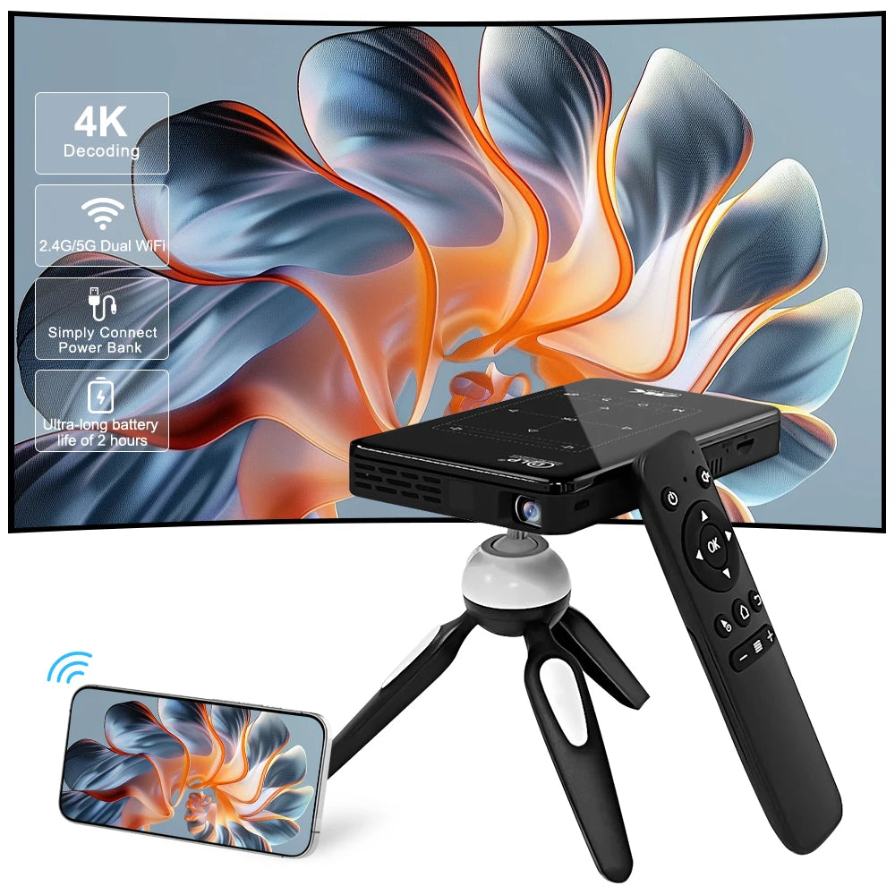 Portable DLP Mini Projector Android 14 Smart Pocket Projector WiFi 120 Inch for Personal