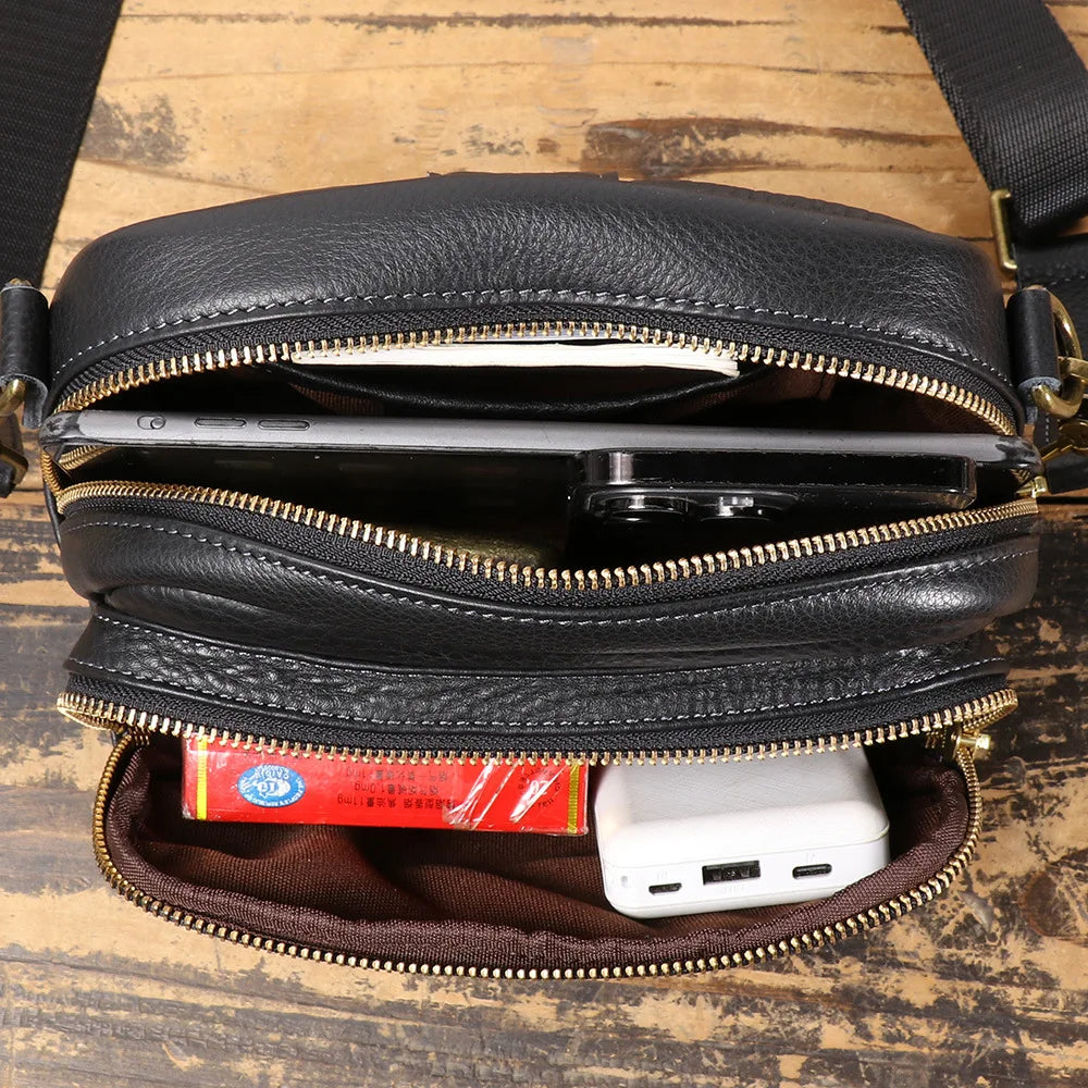Black Genuine Leather Men Single-Shoulder Crossbody Bag Belt Casual Waist Bag Cowhide