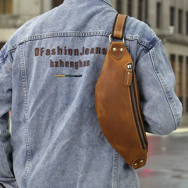 Now Custom Crossbody Leather Waist Bag for Men Sports Waist Pack for Outdoor Travel