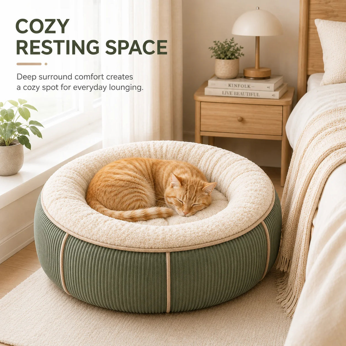 Custom Corduroy Round Pet Bed Faux Fur Calming Donut Dog Bed with Anti-Slip Bottom