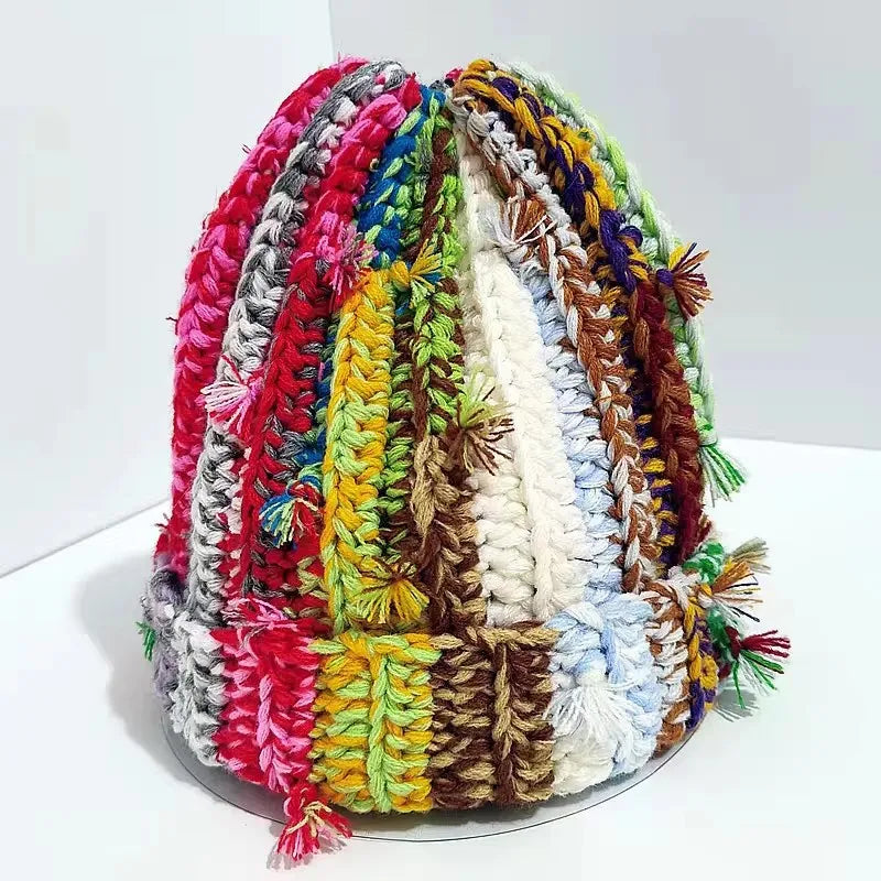Colorful Handmade Crochet Knit Beanie Hats for Unisex Slouchy Streetwear Winter Hat Beach