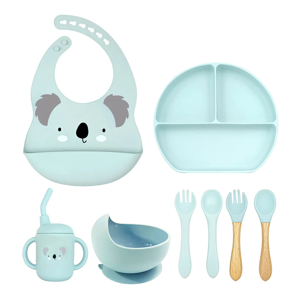 8pc Bebe Silicone Feeding Set Toddler Weaning Set Suction Bottom Infant Dining Tableware