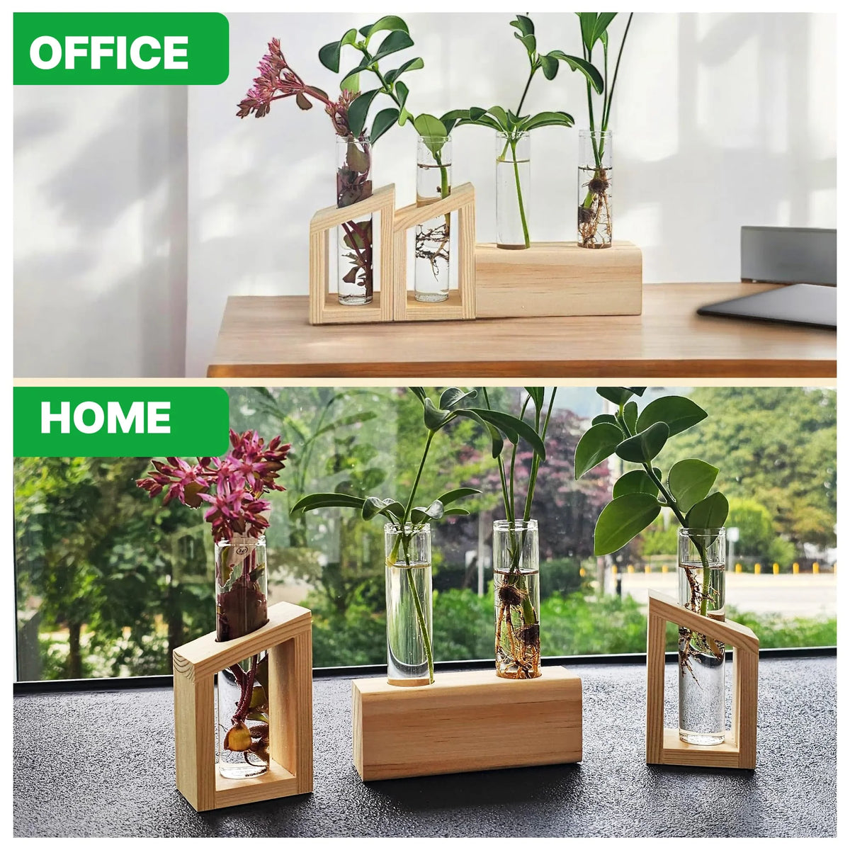 Plant Propagation Station 3-Piece Wooden Stand with 4 Glass Test Tubes Terrarium Vases
