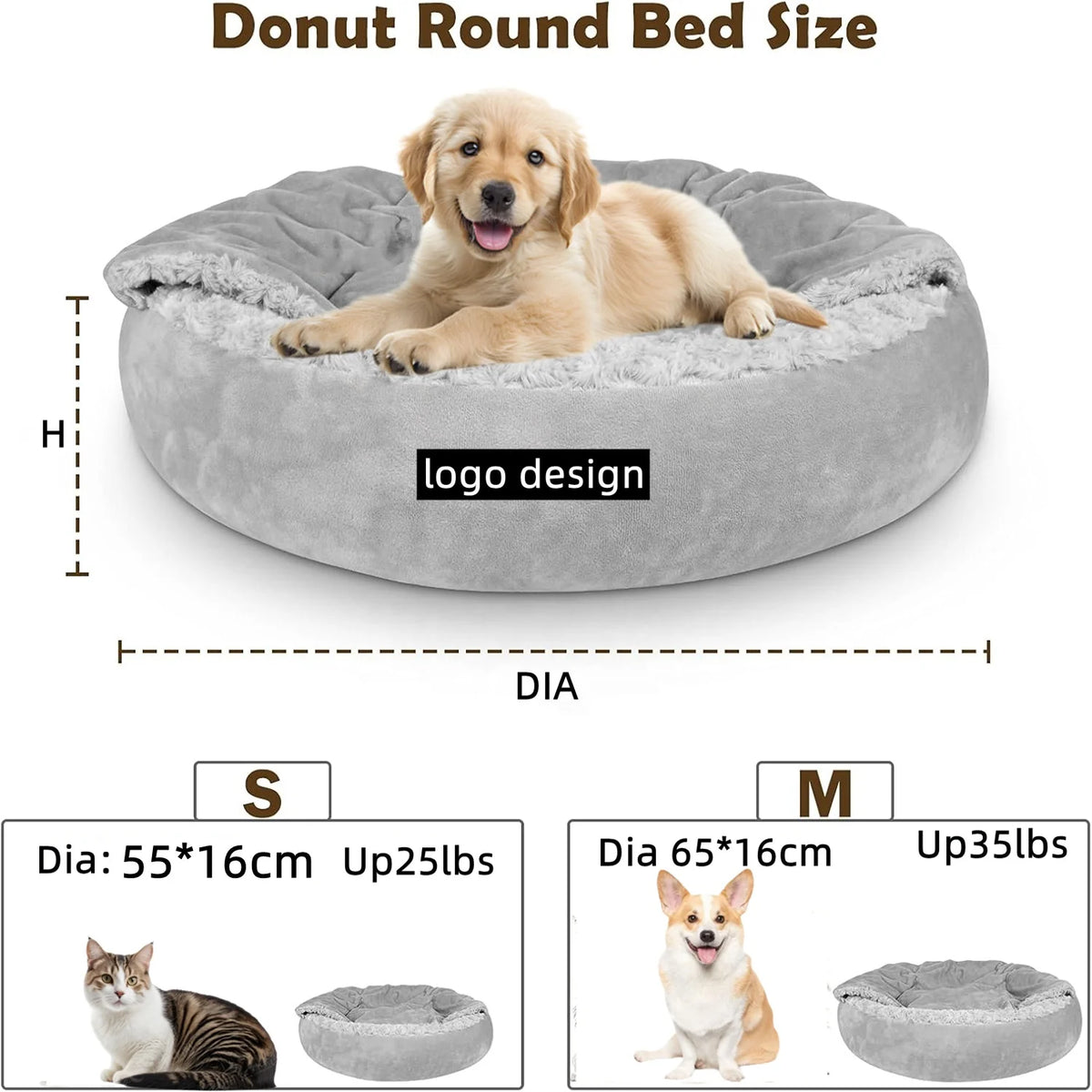 Donut Pet Bed with Hooded Blanket, Cozy Round Bed for Dogs and Cats