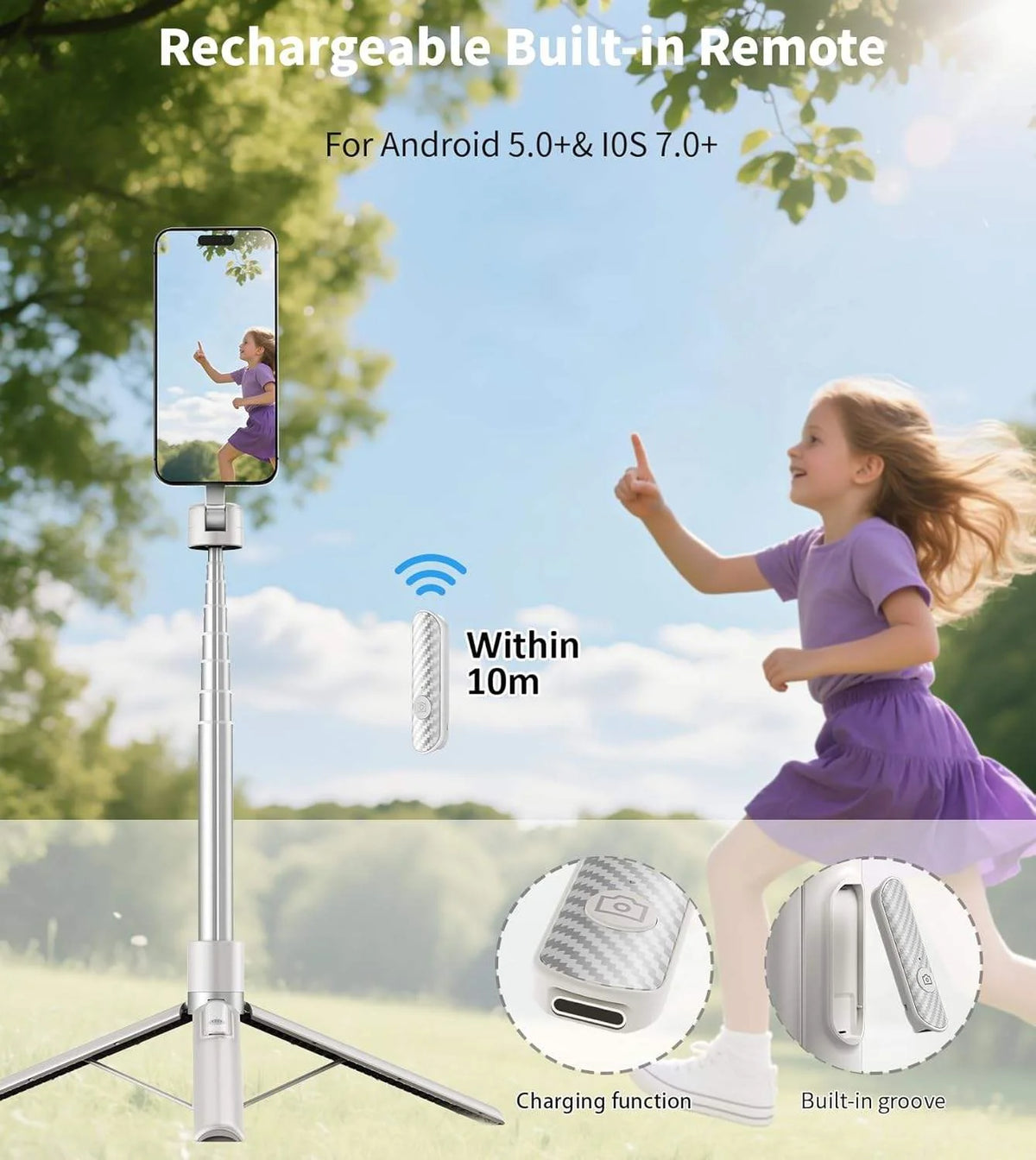 Magnetic Selfie Stick Tripod with Aluminum Phone Mount for Travel, White