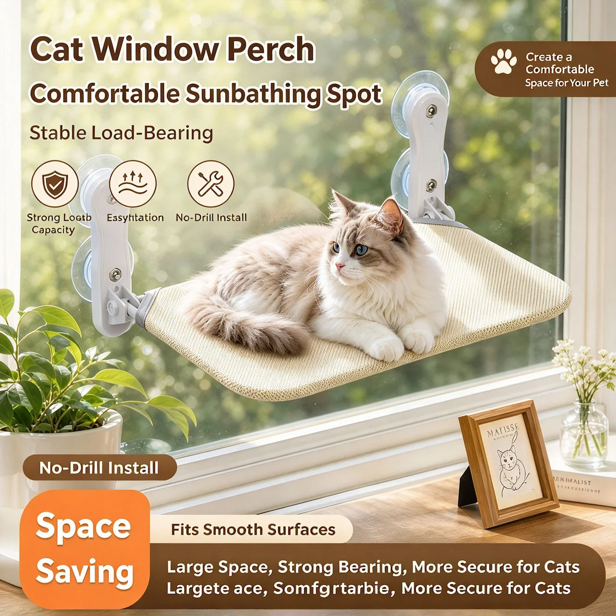 Luxury Cat Window Perch Suction Cup Hammock Bed with Removable Washable Cover Indoor