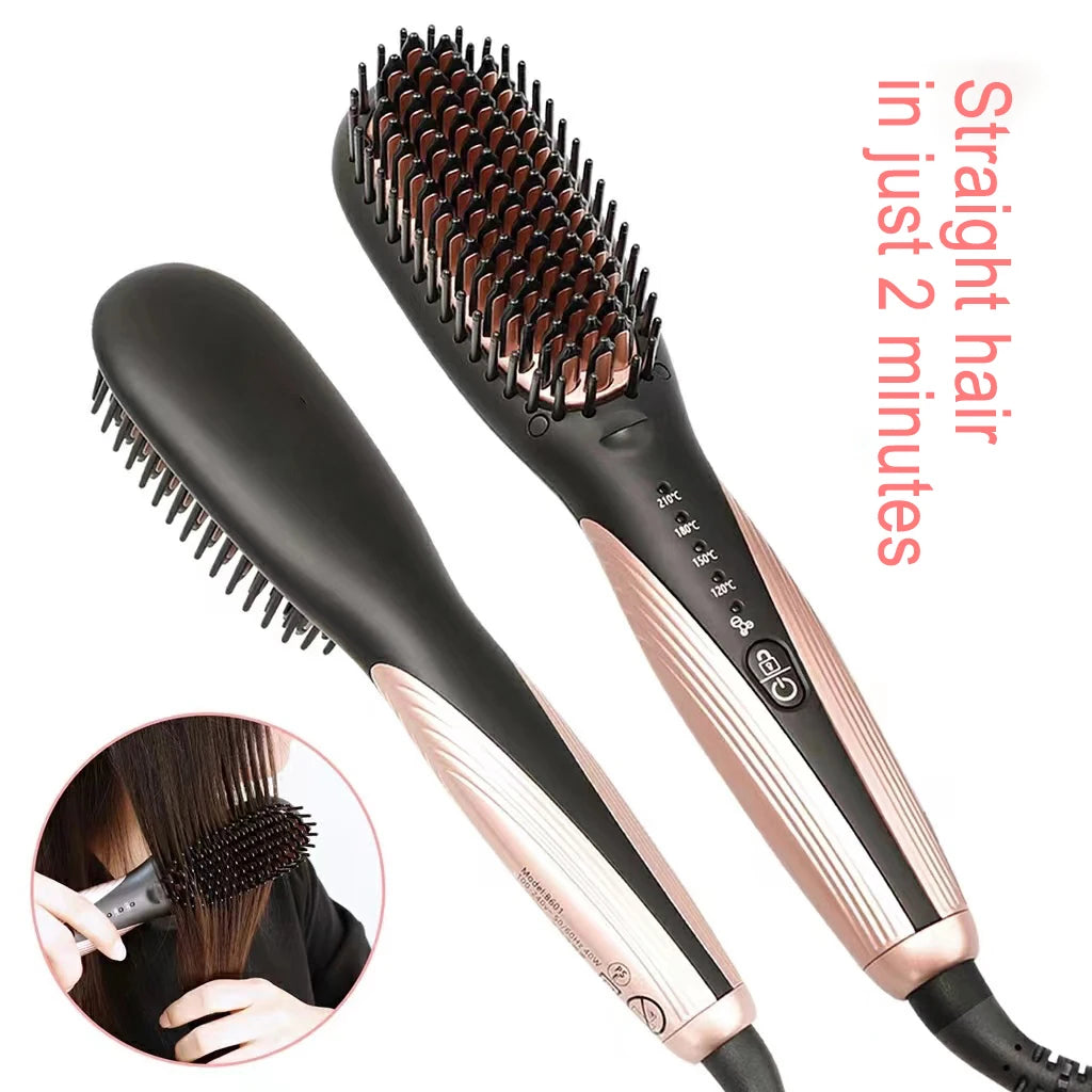 Professional Ionic Heating Hair Straightener Gold Brush Hair Iron 2 in 1 Beard