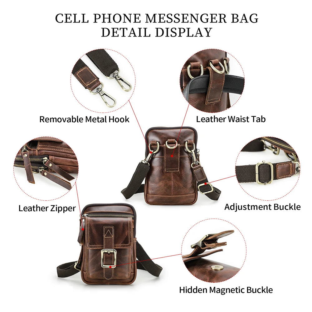 Vintage Genuine Leather Small Crossbody Phone Bag Men Convertible Waist Belt Bag