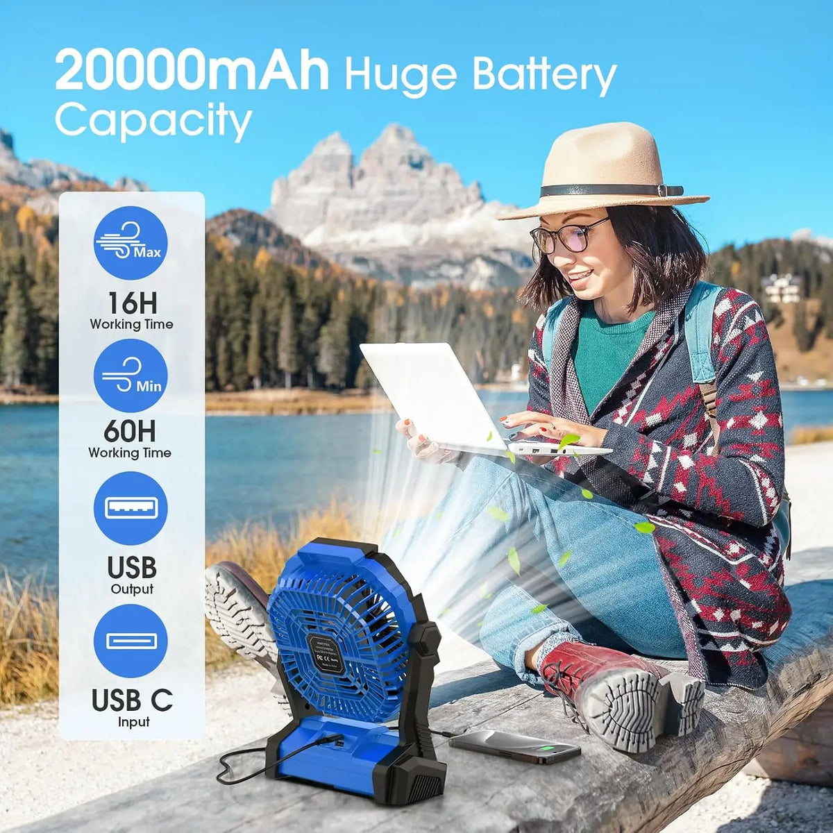 Portable Rechargeable Camping Fan with LED Light Brushless Motor 4 Speed USB Power Fan