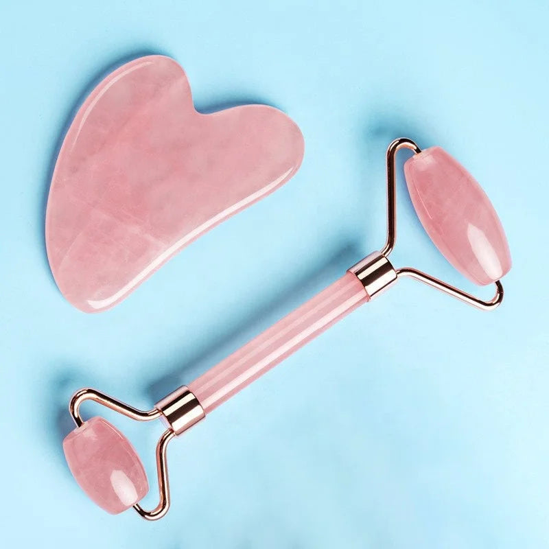 Custom Natural Rose Quartz Pink Crystal Gemstone Heart Body Facial Gua Sha Massage Set
