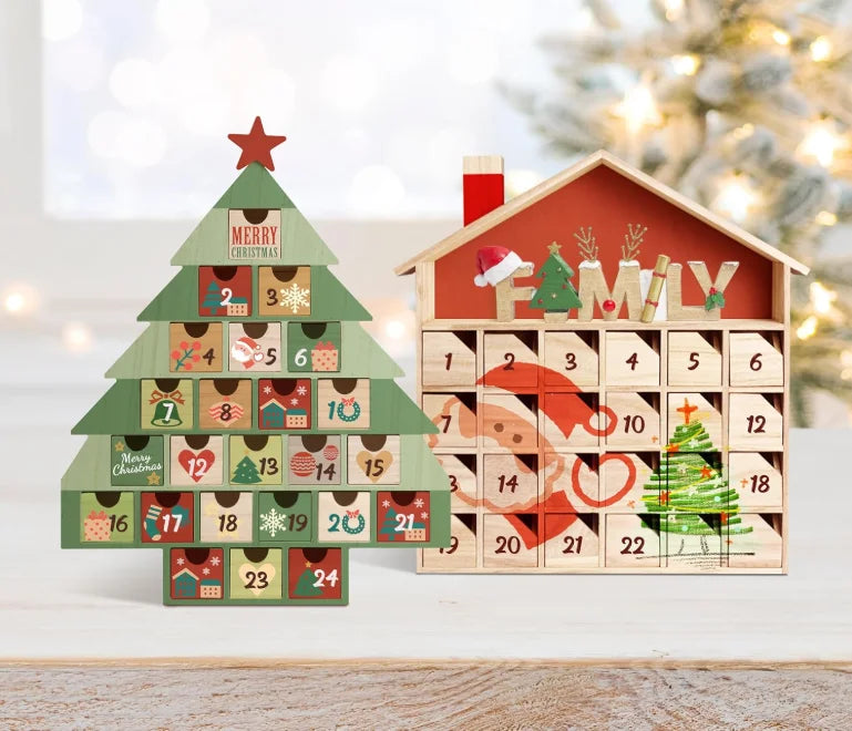 Painted Solid Wood Christmas Tree Shaped Countdown Calendar Storage Box Advent Drawers