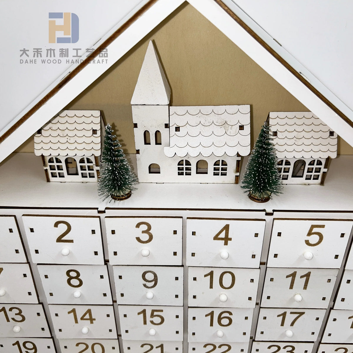 24 Day House Shaped Wooden Advent Calendar with 24 Drawer Box, Christmas Tree and LED