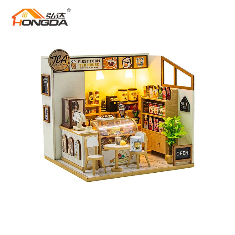 Hongda M2505 First Foam Tea House Dollhouse Kit Miniature Diy Doll House Wooden Dollhouse