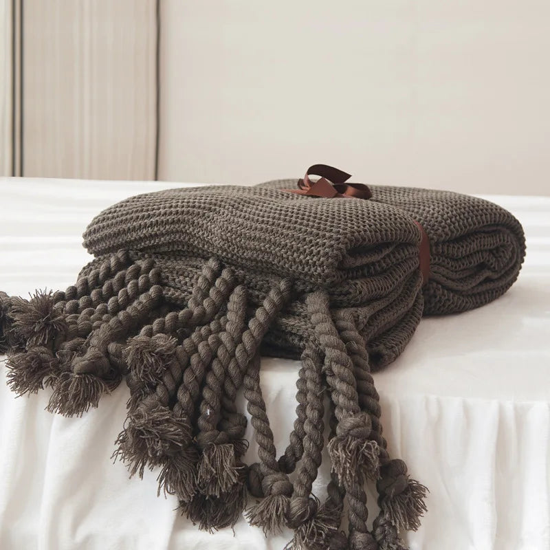 Luxury Knit Throw Blanket for Travel Picnic Beach Soft Chunky Cozy Fringed Warm Polyester