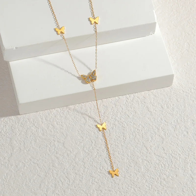 18K Gold Plated Stainless Steel Beaded Tassel Choker Necklace Zircon Butterfly Jewelry