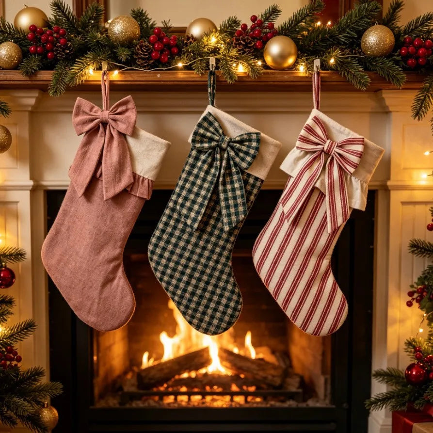 Retro Bow-Knot Christmas Stocking Three-Piece Set Fabric Plaid Stripe Gift Bag Fireplace