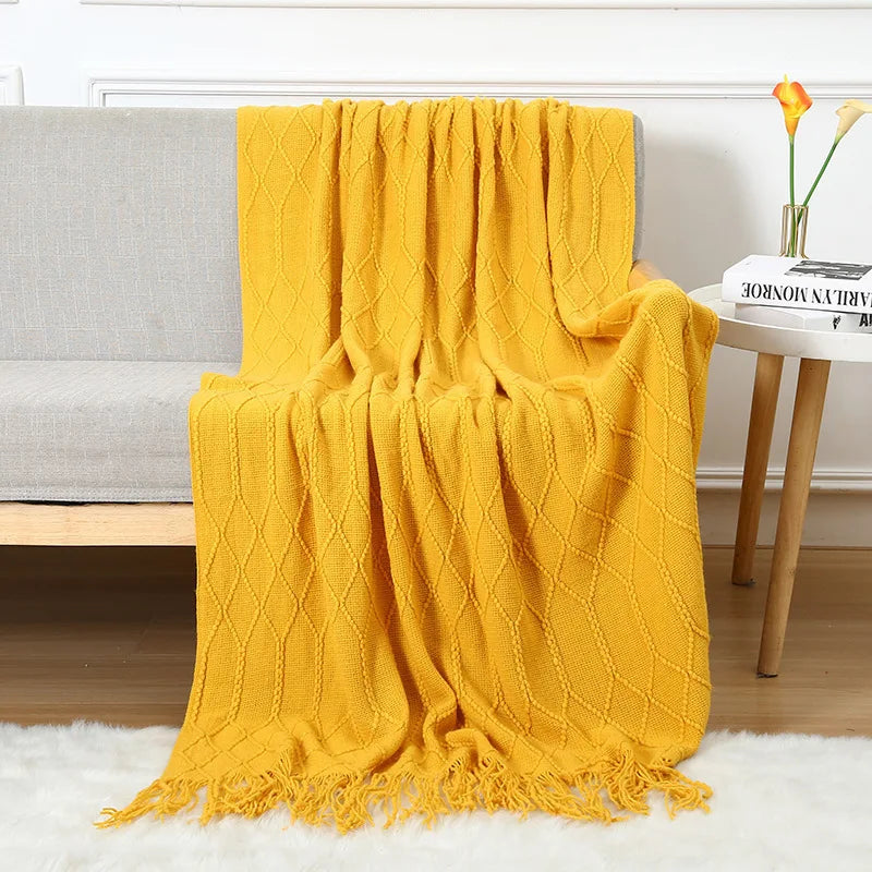 Chunky Knitted Blanket Sofa Throw Blanket With Tassels Weighted Blanket for Winter