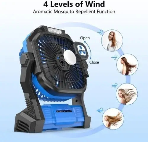 Portable Rechargeable Camping Fan with LED Light Brushless Motor 4 Speed USB Power Fan