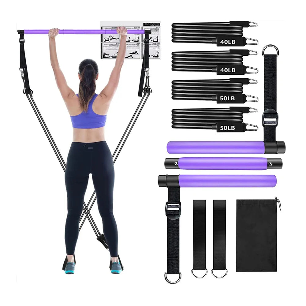 Home Gym Workout Equipment 3-Section Pilates Bar Kit with Resistance Bands Stackable