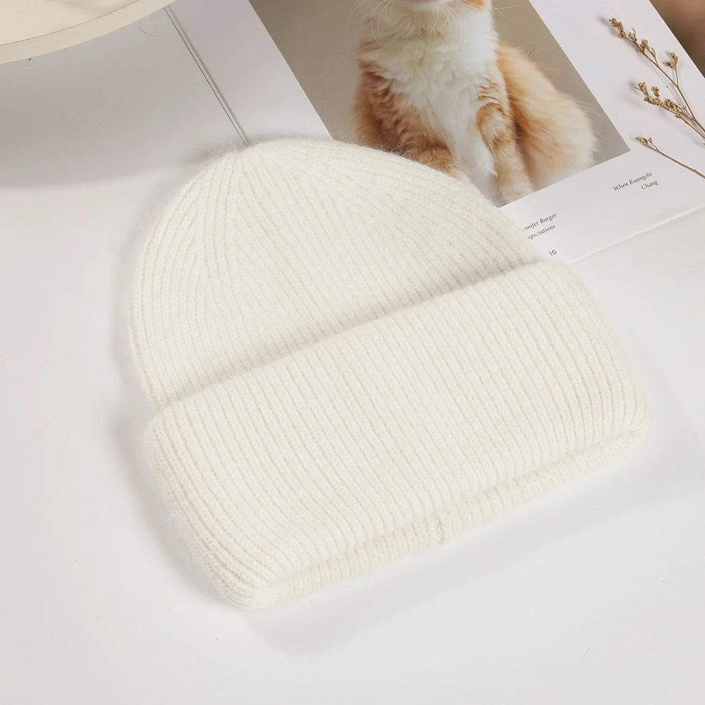 Knit Beanie Hat Real Angora Rabbit Fur Slouchy Skull Cap Winter Warm Stocking Hats