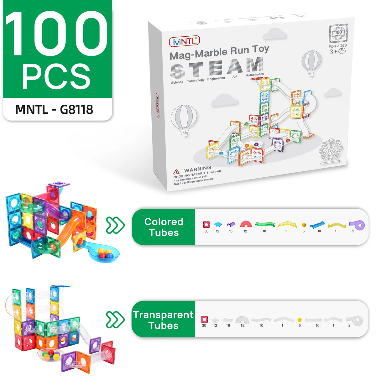 Kids Educational Stem Magnetic Tiles Toys Diy Marble Run 100pcs Magnetic Construction