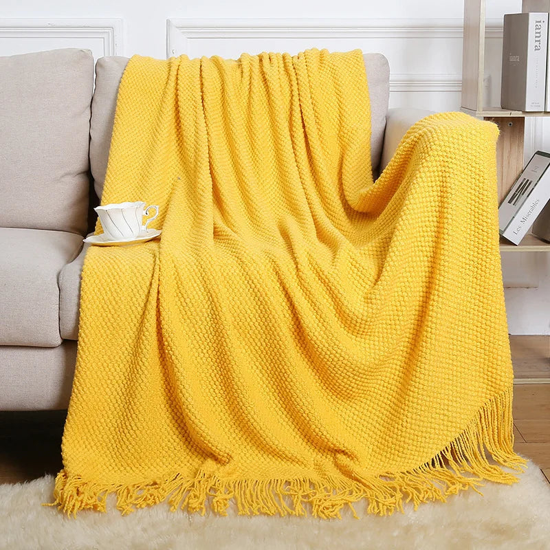 Chunky Knitted Blanket Sofa Throw Blanket With Tassels Weighted Blanket for Winter