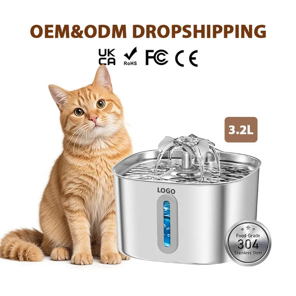 3.2L 304 Stainless Steel Automatic Cat Water Fountain Dog Dispenser Ultra Quiet Silent
