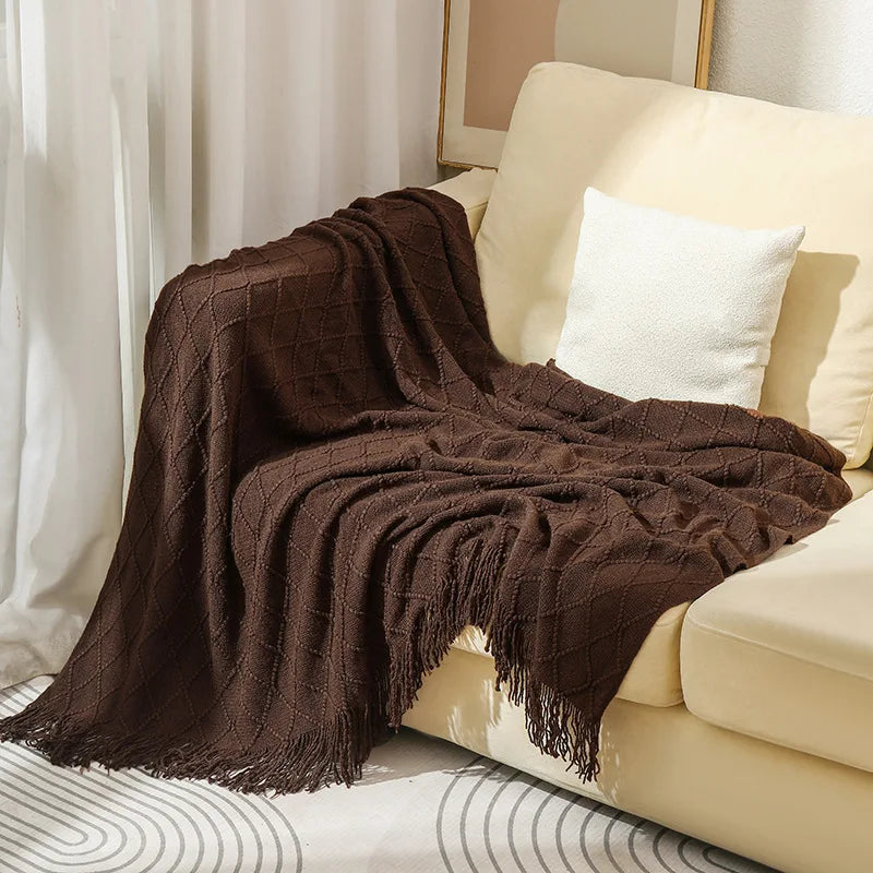 Chunky Knitted Blanket Sofa Throw Blanket With Tassels Weighted Blanket for Winter