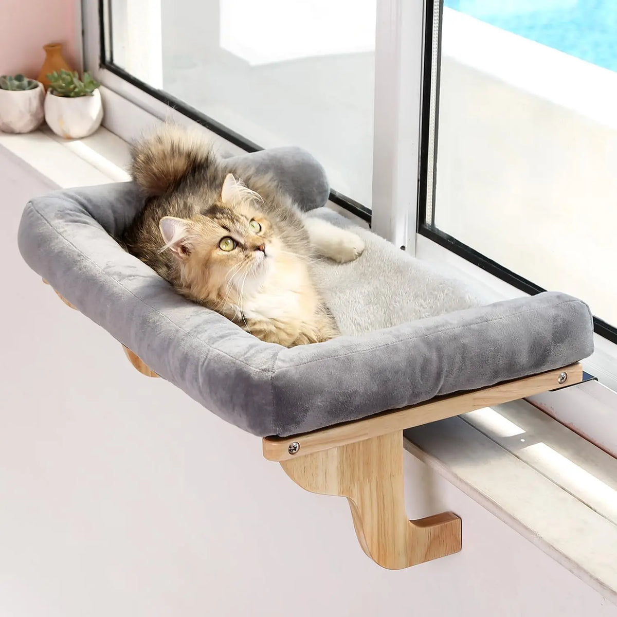 Cat Perch for Windowsill with Bolsters Machine Washable Hook-On Mount Hardwood & Metal