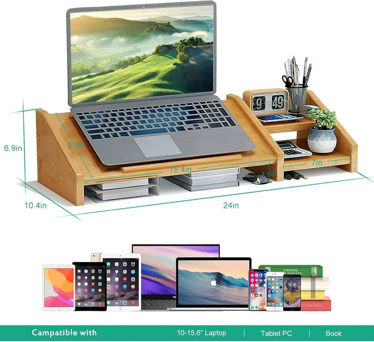 Bamboo Laptop Stand Desk 3-Height Adjustable Notebook Computer Monitor Riser 2-Tier