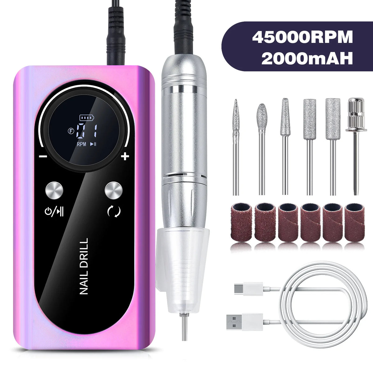 Rechargeable Portable Electric Nail Drill Machine 45000RPM Professional Nail Polisher