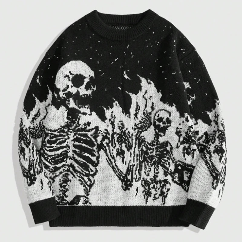 Custom Skull Jacquard Men'S Knitted Sweater 7GG Heavyweight Cotton Spandex Anti-Pilling