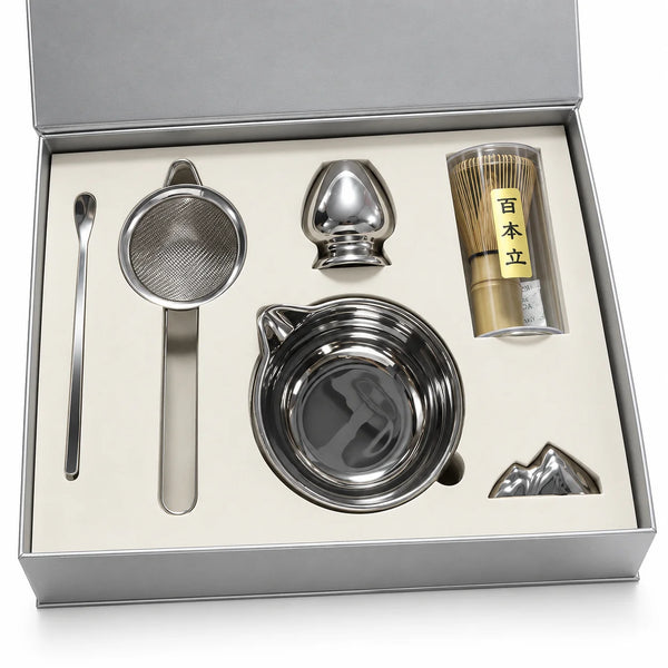 Silver Ceramic Matcha Bowl With Spout 4/5/6 Pcs Matcha Kit With Sifter Matcha Whisk