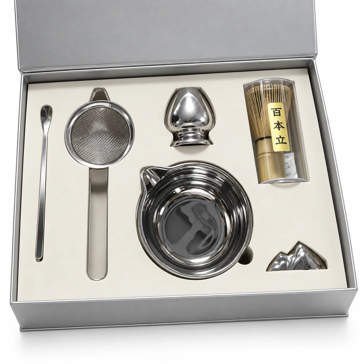 Silver Ceramic Matcha Bowl With Spout 4/5/6 Pcs Matcha Kit With Sifter Matcha Whisk