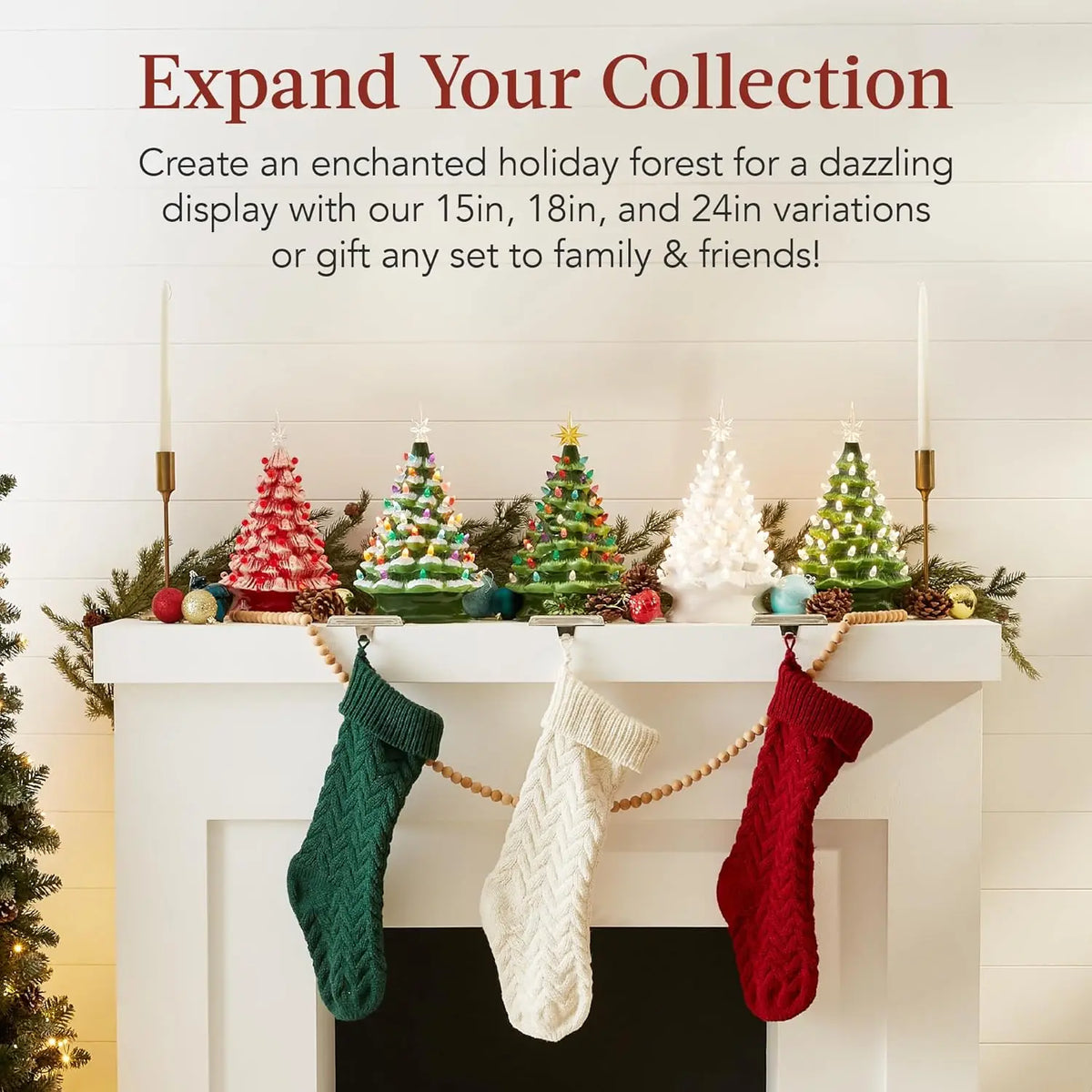 15 Inch Pre Lit Ceramic Pine Christmas Tree 64 Multicolor Lights Star Topper Hand Painted