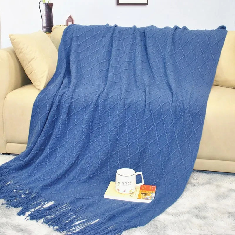 Chunky Knitted Blanket Sofa Throw Blanket With Tassels Weighted Blanket for Winter