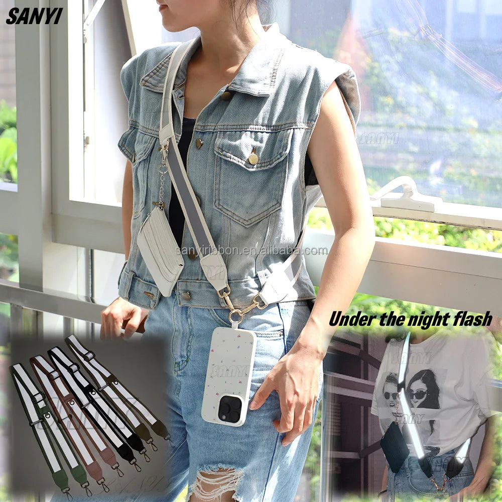 Reflective Strip Phone Strap With Zippered Pouch Adjustable Cellphone Lanyard Crossbody