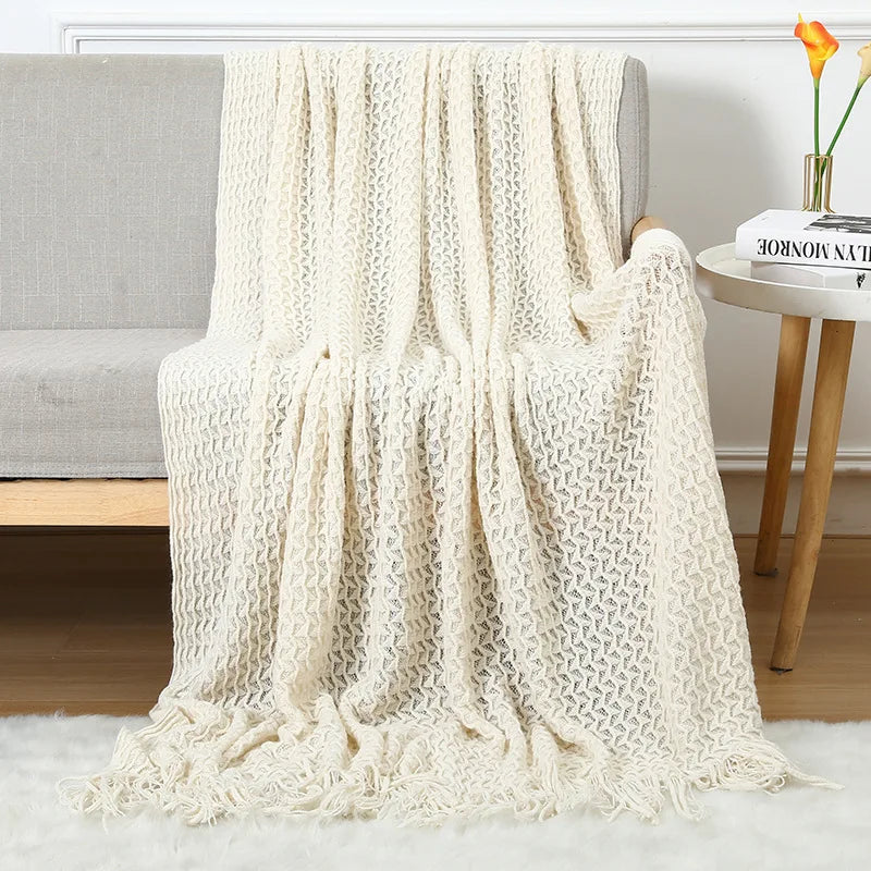 Chunky Knitted Blanket Sofa Throw Blanket With Tassels Weighted Blanket for Winter