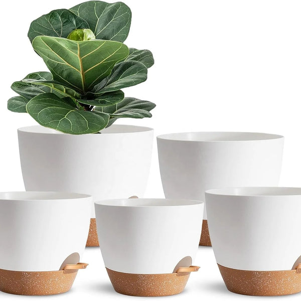 5 Pack Eco-Friendly Self-Watering Plastic Flower Pots with Drainage Holes for Home Garden