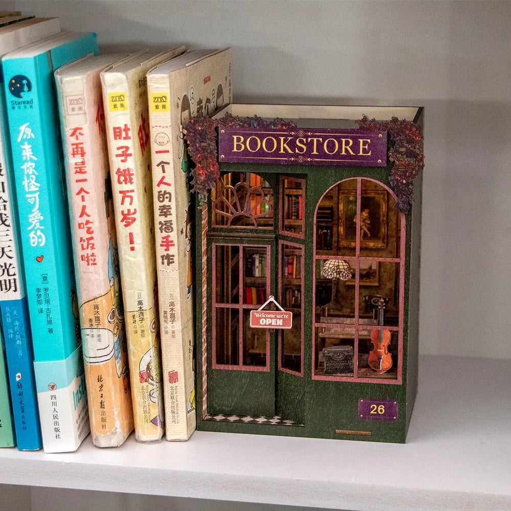 Library Book Nook Kit DIY 3D Wooden Puzzle Bookend with LED Light Miniature Doll House