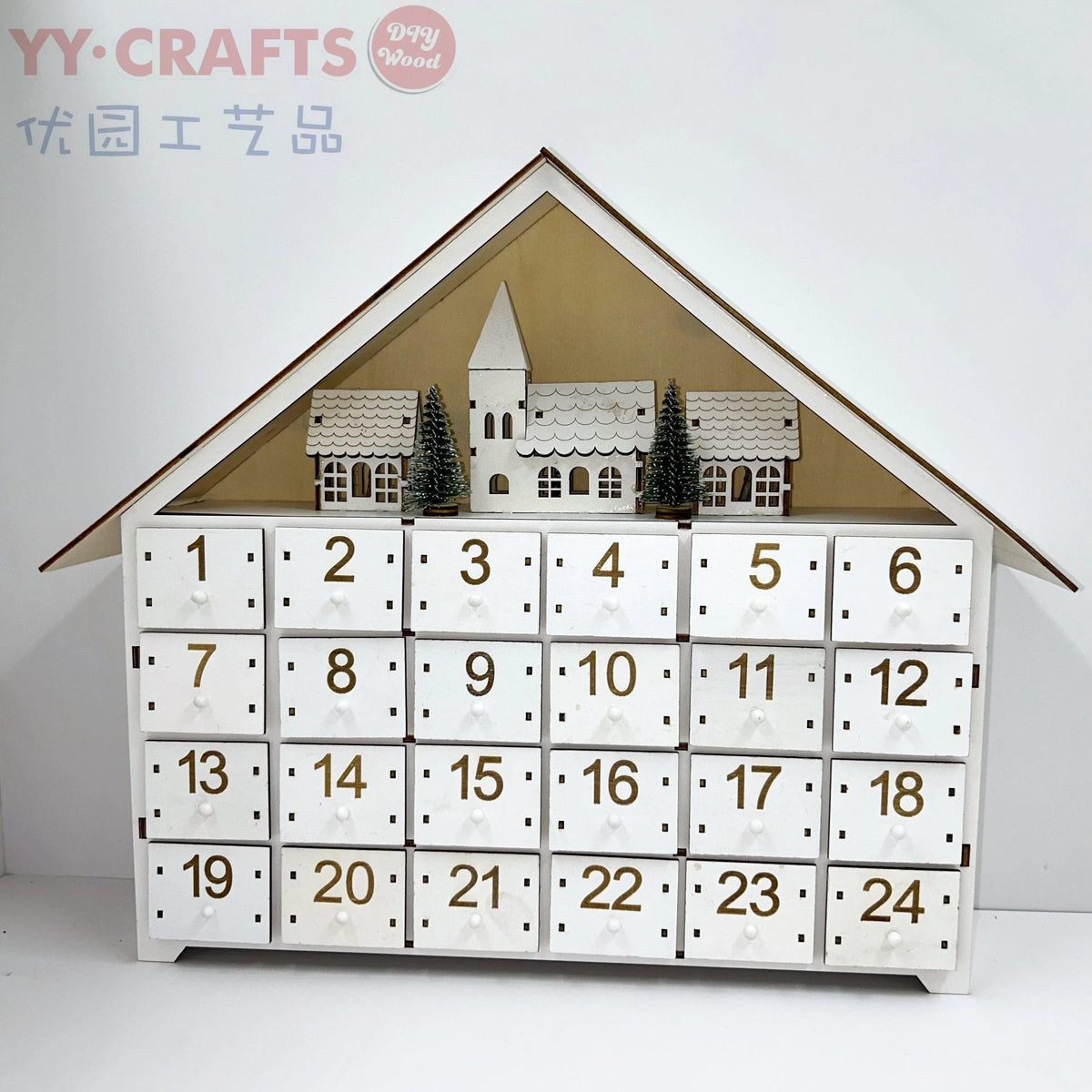 24 Day House Shaped Wooden Advent Calendar with 24 Drawer Box, Christmas Tree and LED