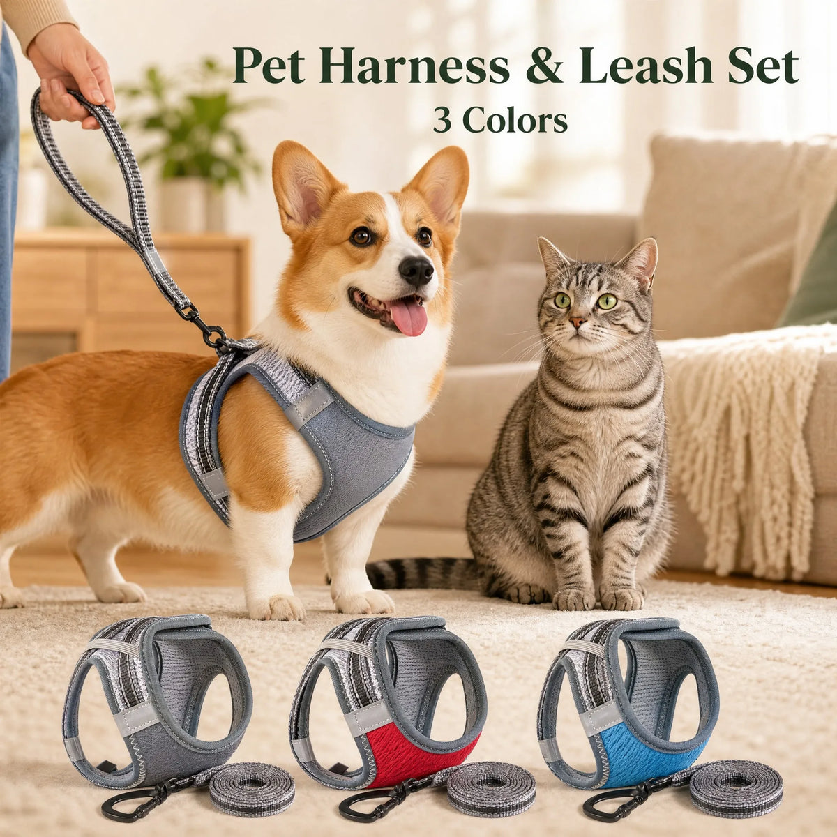 Dog and Cat Harness Leash Set No Pull Y for Dogs and Cats Solid Color Mesh Padded