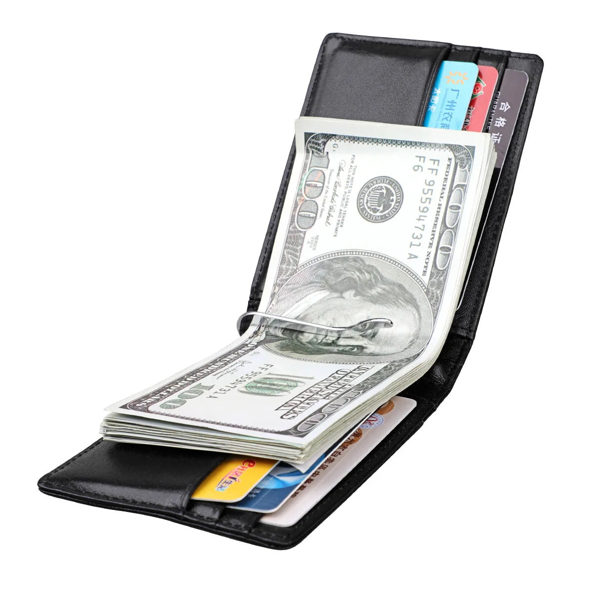 Men'S RFID Blocking Black Genuine Cowhide Leather Slim Wallet Vintage Retro ID Photo Card