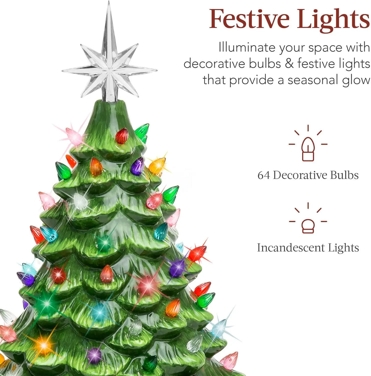 15 Inch Pre Lit Ceramic Pine Christmas Tree 64 Multicolor Lights Star Topper Hand Painted